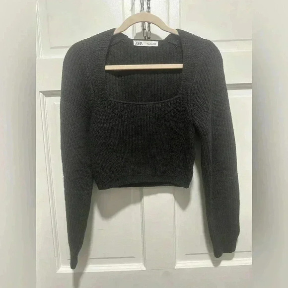 ZARA Wool Blend Cropped Sweater Square Neck Long Sleeve Pullover Size Small - Picture 3 of 6
